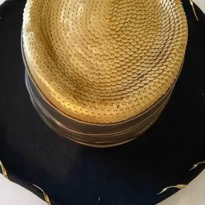 Pretty Black Wool w/Gold Trim Dress/Church/Saints Fan Hat Made in USA Yehasso | Accessories | Fancy Black Wool Wgold Sequins Hat  main image 2